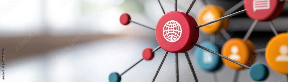 Aufkleber network connections with colorful nodes on blurred background