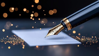 Fountain pen with sparkling background, ideal for writing or stationery themes.
