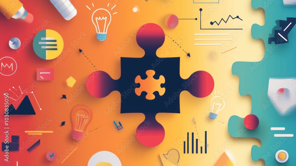Poster a single puzzle piece with a gradient color sits on top of a colorful background with icons represen