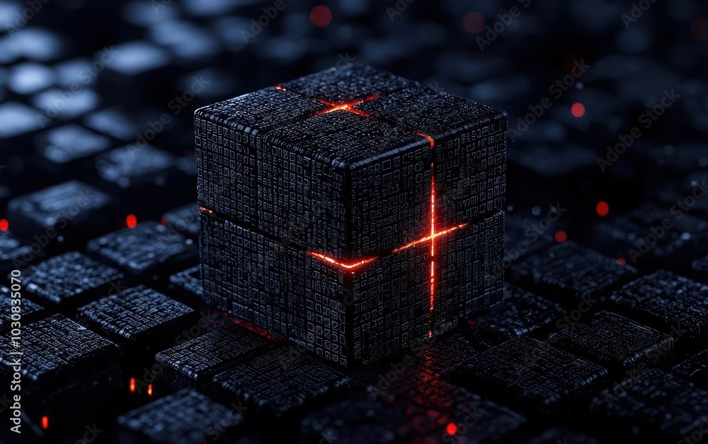 Poster futuristic cube with glowing lines on a dark digital background.