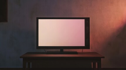Living room interior with TV. Blank screen television on the table. Television put on tv stand wood table, in minimal empty space. Modern television in living room.