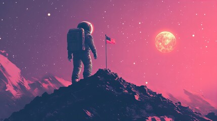 Obraz premium Astronaut standing on a distant planet with a flag with stars and alien landscape in the background new beautiful stock image illustration AI
