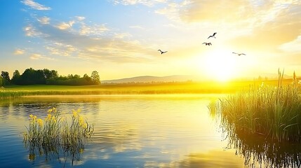 Serene sunrise over a tranquil lake with birds flying in the sky.