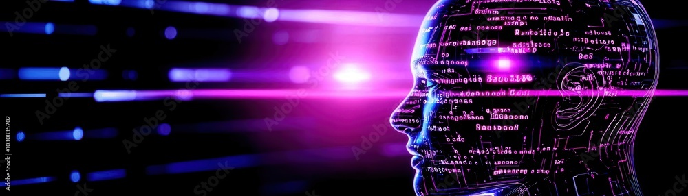 Poster futuristic digital head with beams of light and data streams, abstract technology concept.