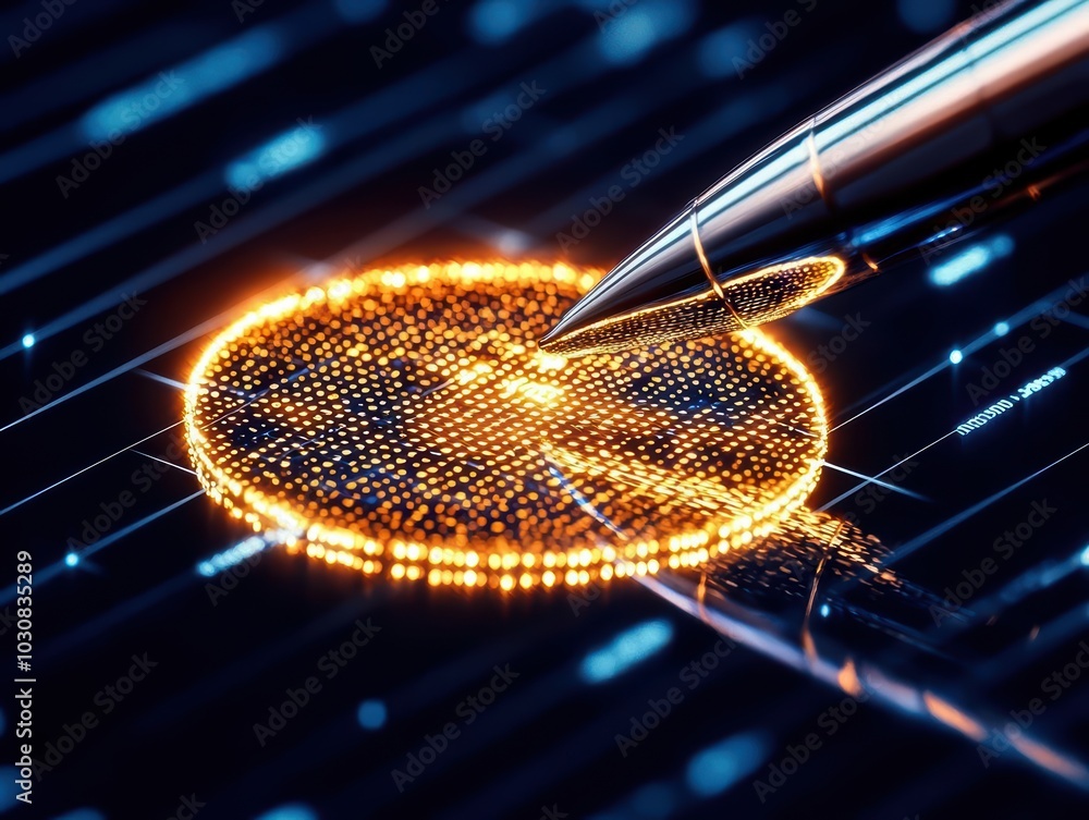 Poster futuristic digital pen creating vibrant light patterns on a glowing surface.