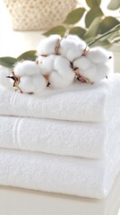 A serene collection of crisp white towels adorned with a delicate cotton flower for a minimalist decor touch