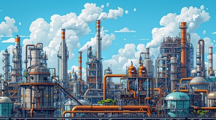 Industrial background illustration featuring an exterior view of a factory, with an intricate tangle of pipes and ducts against buildings and smokestacks. Chemical plant, oil refinery. High