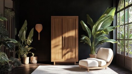 Fototapeta premium Modern Living Room Interior with Black Walls, a Wooden Cabinet, and Plants