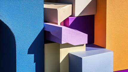 Colorful geometric shapes stacked artfully against a vibrant backdrop in natural daylight