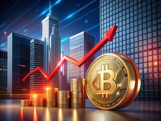 Bitcoin Value Drop in Stock Market - 3D Render with Red Arrow on Architectural Background