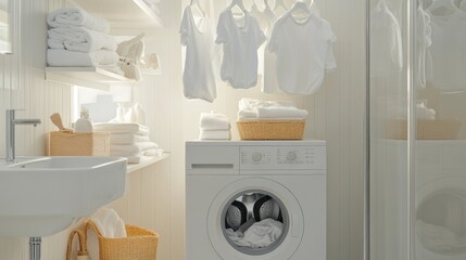Bathroom with washing machine, hanging dry clean white baby clothes, clean dishes 