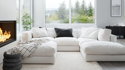 Interior of a cozy living room with fireplace, mWhite corner sofa near a fireplace in Scandinavian living room with soft textures, wood elements, and a calming neutral palette.
