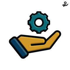 Hand holding cogwheel icon, Gear in hand sign, Maintenance service guarantee, Setting and repair sign, Installation and support. Flat design style