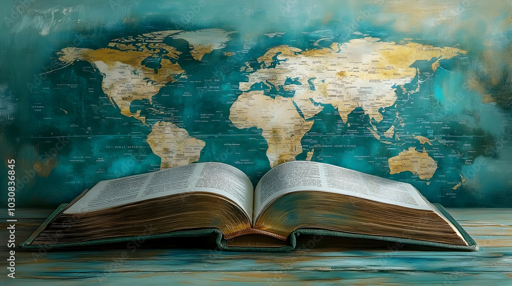Poster an open book in front of a world map, symbolizing knowledge and exploration.