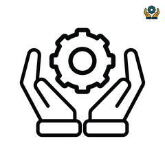 Hand holding cogwheel icon, Gear in hand sign, Maintenance service guarantee, Setting and repair sign, Installation and support. outline design style