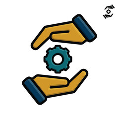 Hand holding cogwheel icon, Gear in hand sign, Maintenance service guarantee, Setting and repair sign, Installation and support. Flat design style