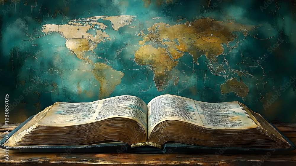 Poster an open book with a world map backdrop, symbolizing knowledge.