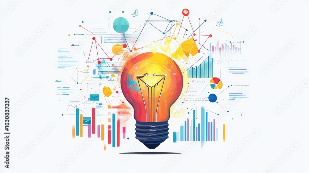 Poster a glowing light bulb with colorful data charts and graphs on a white background.