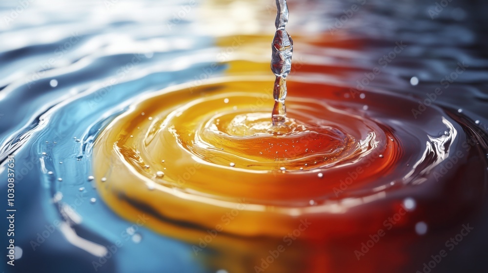 Poster ripples of color form as a single droplet disturbs a tranquil pool during dusk, creating a mesmerizi
