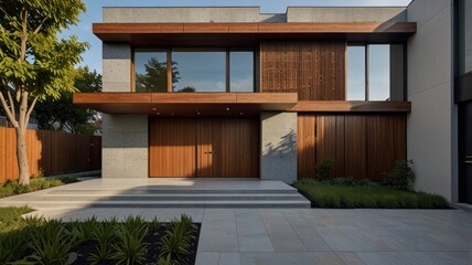 A modern house with wooden exterior and a concrete driveway.