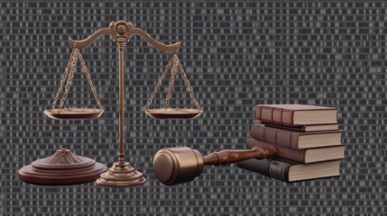 Scales of justice, hammers and books isolated on transparent background
