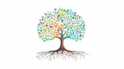 A vibrant tree illustration depicting colorful leaves and symbols, representing growth, nature, and interconnectedness.