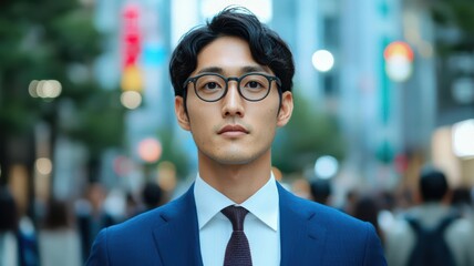 Fototapeta premium Young entrepreneur in a busy city street, surrounded by skyscrapers and dynamic energy, embodying the hustle and drive of modern business, young entrepreneur, city hustle