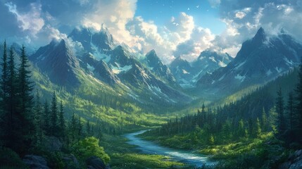 Obraz premium a mountain range with a river running through it and a few clouds in the sky