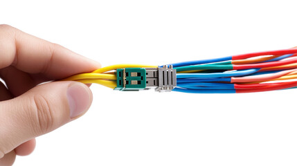 Hand holding colorful network cables, showcasing connectivity solution Isolated on white background or PNG