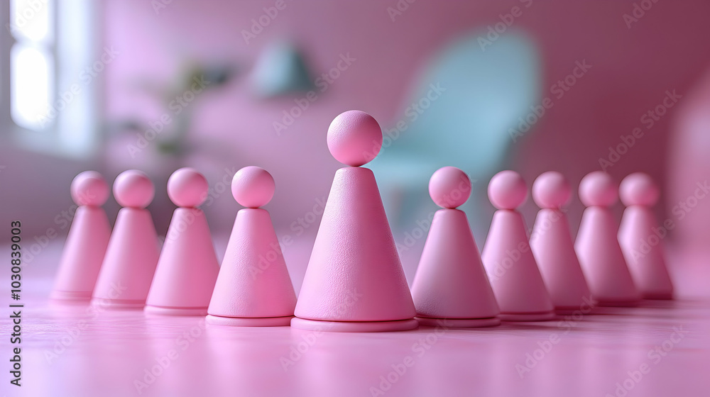 Poster a row of pink game pieces with one standing out in the foreground.
