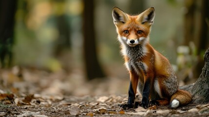 Naklejka premium fox sits attentively in the woods 