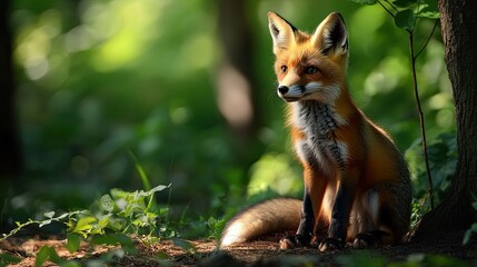 Fototapeta premium fox sits attentively in the woods 