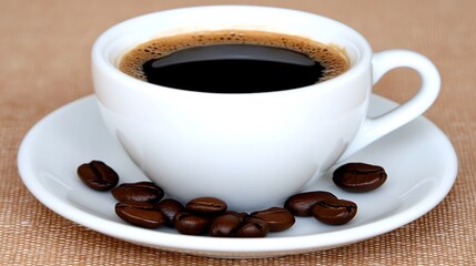 Fototapeta premium A white cup filled with black coffee, sitting on a saucer with coffee beans surrounding it.