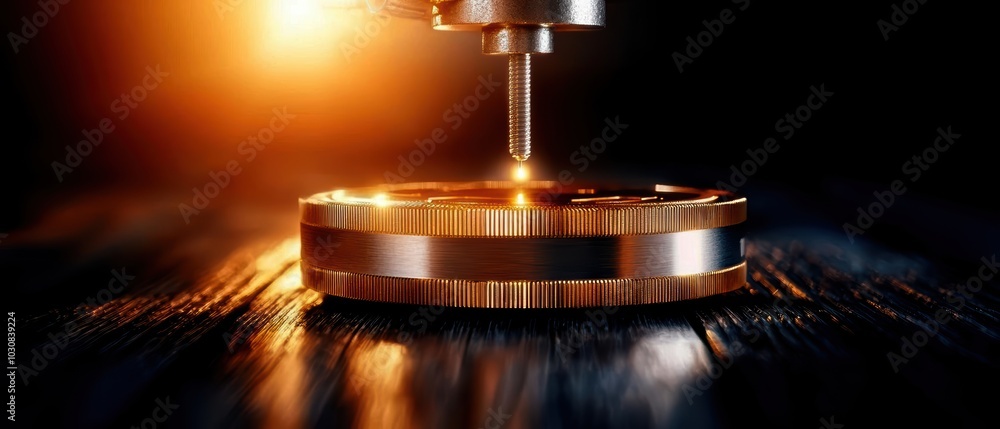 Aufkleber precision machining process with copper component under bright light.