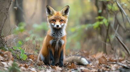 Fototapeta premium fox sits attentively in the woods 