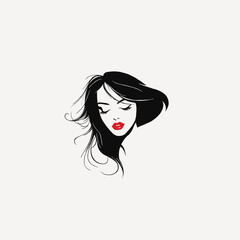 Black and white logo of a girl with long hair, red lips, vector graphics on a light background, minimalistic design