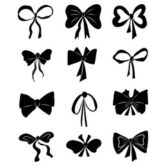 Hand drawn set of vector bows and gift ribbons on white background. Bow knots for gift wrapping. Hand drawn silhouettes of bows
