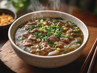  a bowl of beef stew with noodles and various vegetables, served in a white bowl with a wooden...