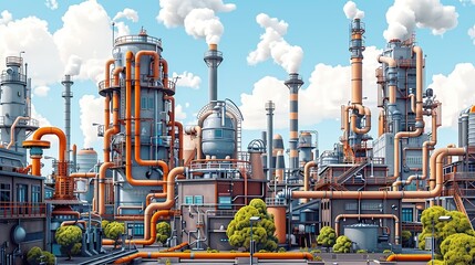 Industrial background featuring an exterior view of a factory, with intricate pipes and ducts, set against buildings and smokestacks. Oil refinery, chemical industry, illustration. High resolution