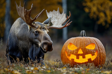 Wildlife Meets Halloween. Moose and Pumpkin Jack-O'-Lantern