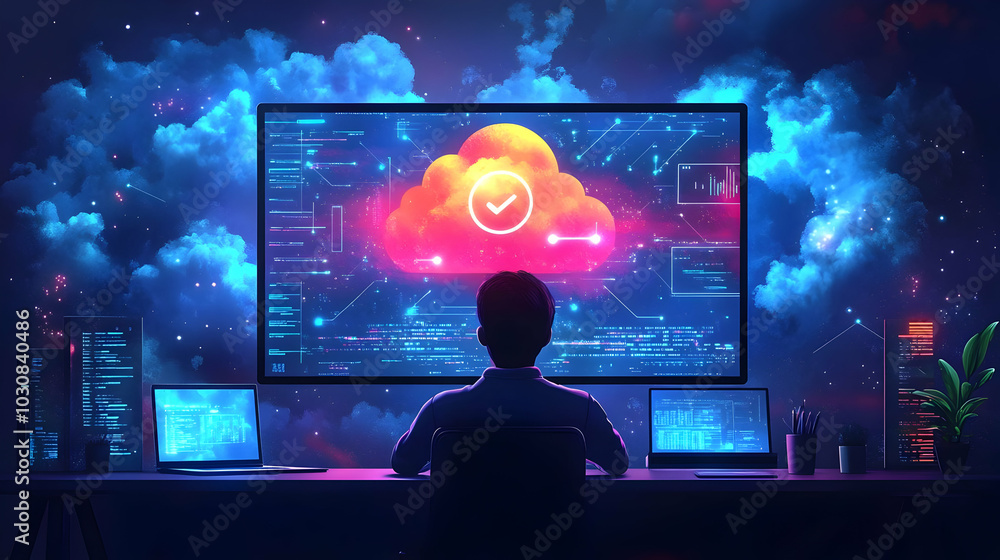 Poster a person analyzes cloud data on multiple screens in a dark setting.