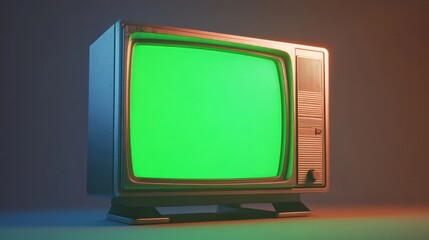 Vintage crt tv with glowing green screen, nostalgic retro set on plain background