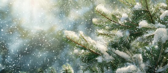 Winter banner with beautiful fir tree branches covered with snow. Blurred background with falling snowflakes and copy space. Closeup