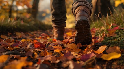Obraz premium With colorful fallen leaves and hiking boots, a person walks in autumn forest path