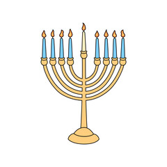 Hanukkah menorah doodle vector illustration isolated. Traditional Jewish chanukiah candle holder with nine outline lit candles on white background. Festival of lights symbol
