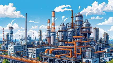 Detailed illustration of a chemical plant's exterior, showcasing a complex tangle of pipes and ducts against industrial buildings and smokestacks. Oil refinery, factory, industrial scene. High