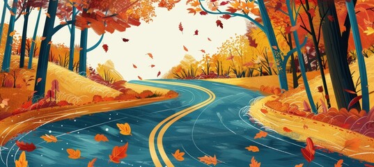 Columbus Day Road Trip Adventure Poster Design with Autumn Forest and Winding Road