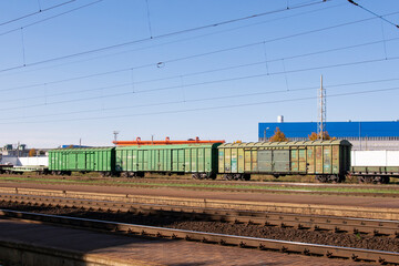 Fototapeta premium ZHODINO, Belarus - October 13, 2024 : railway tracks and freight wagons