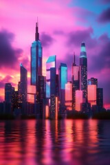 Obraz premium Modern skyline at sunset with vibrant colors reflecting on water.