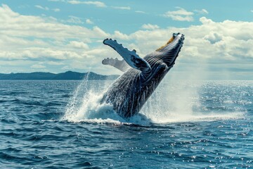 Majestic Humpback Whale Breaching Dramatically Against Blue Sky Ocean Backdrop
